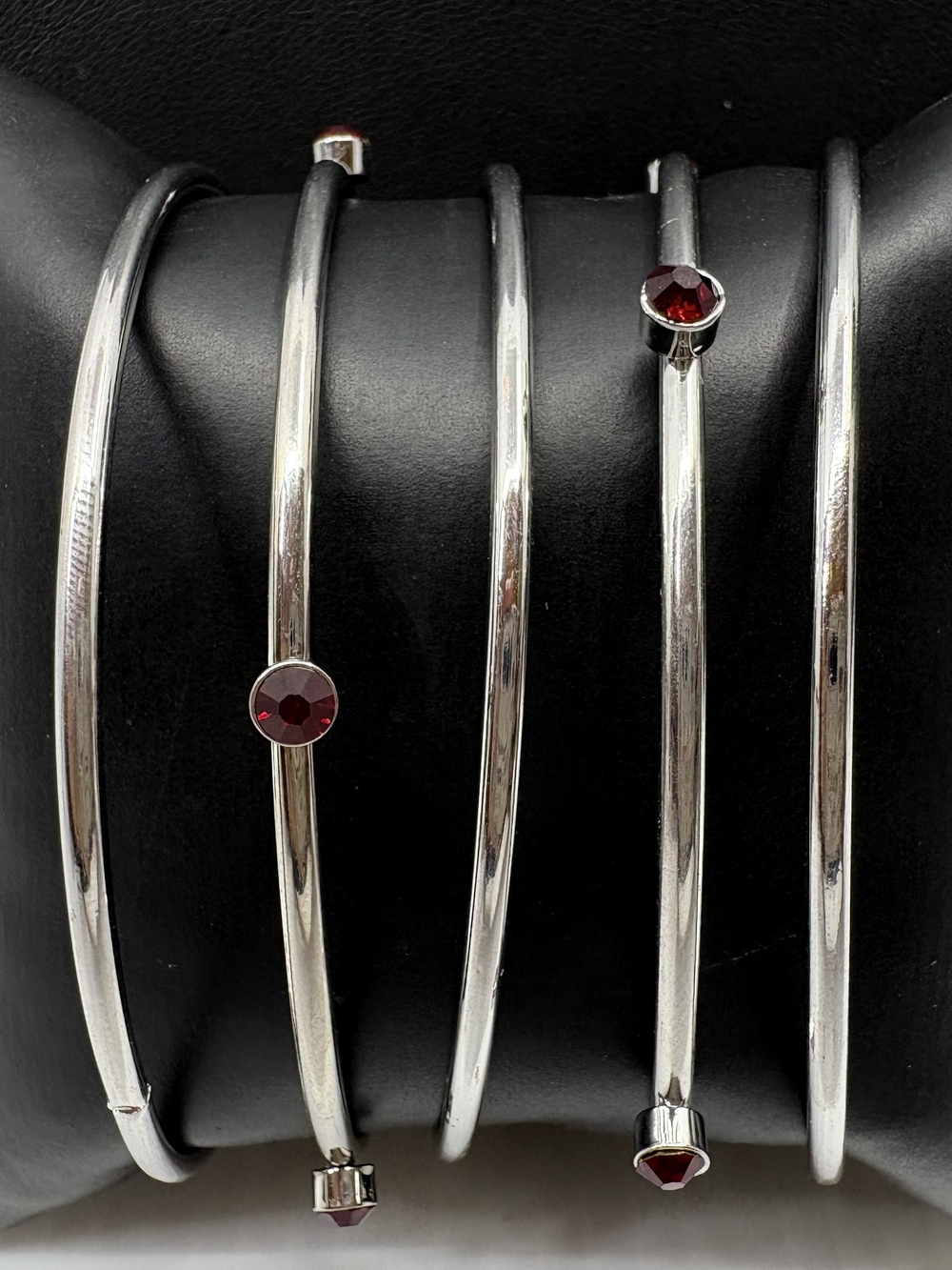 Silver Tone Bangle Set with Red Crystal Accents